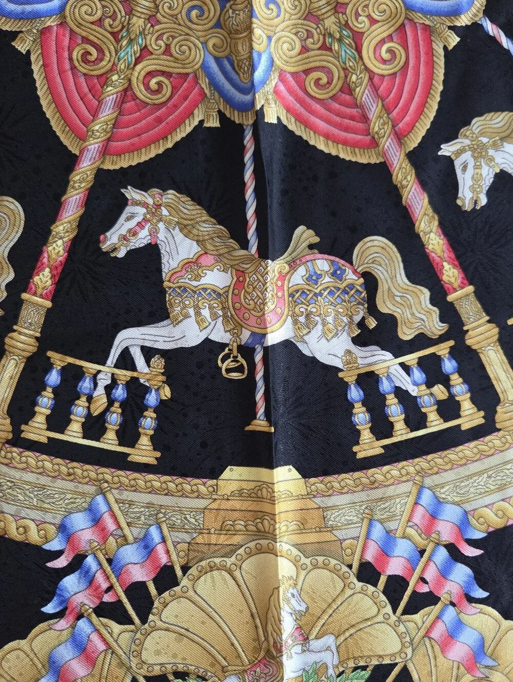 Hermes MINT Luna Park Silk Scarf 90cm/ 35" Black Carousel Horses Gold Pink Blue - Picture 11 of 17